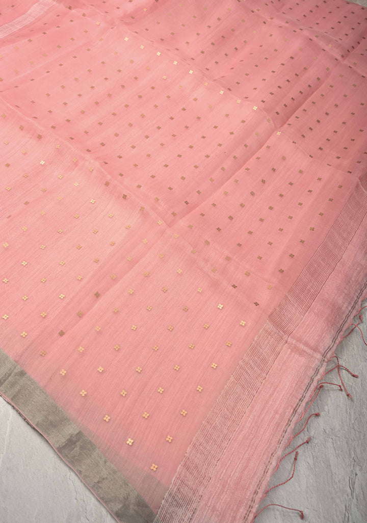 Coral Peach Silk Muslin Silk Saree with Pocket Sequins and Minimal Zari Border | SILK MARK CERTIFIED