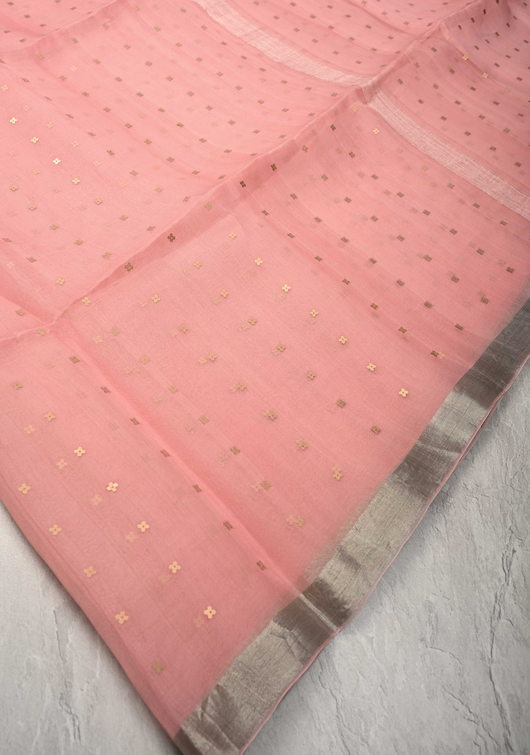 Coral Peach Silk Muslin Silk Saree with Pocket Sequins and Minimal Zari Border | SILK MARK CERTIFIED