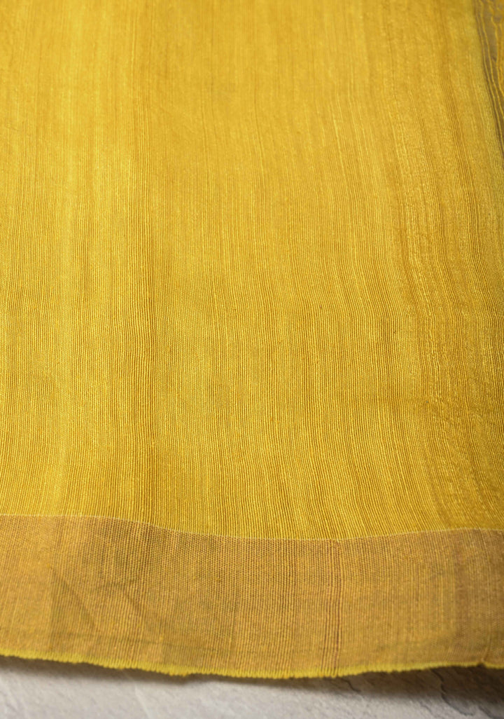 Yellow Matka Muslin Silk Saree with Pocket Sequins and Minimal Zari Border | SILK MARK CERTIFIED