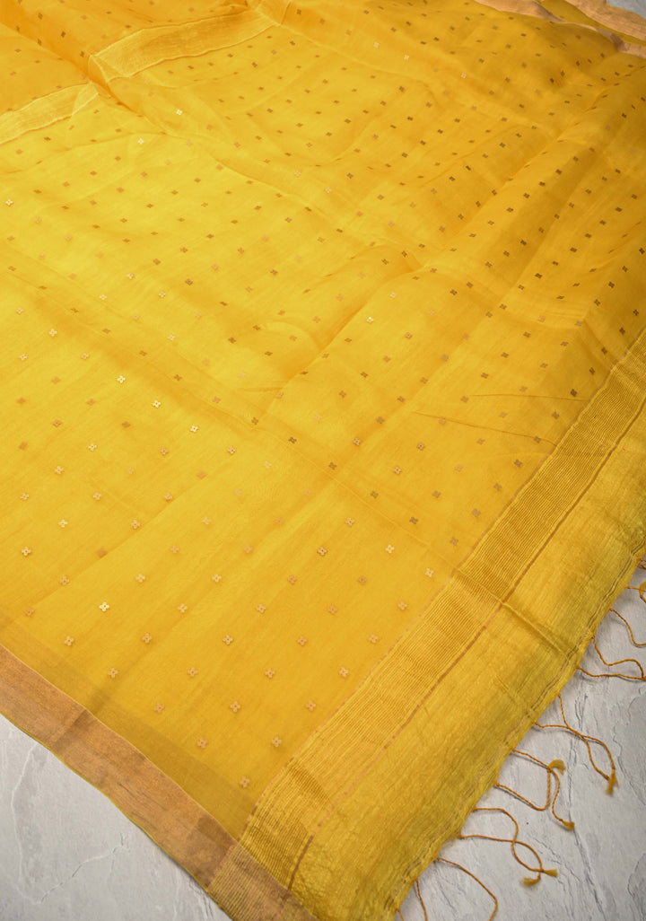 Yellow Matka Muslin Silk Saree with Pocket Sequins and Minimal Zari Border | SILK MARK CERTIFIED