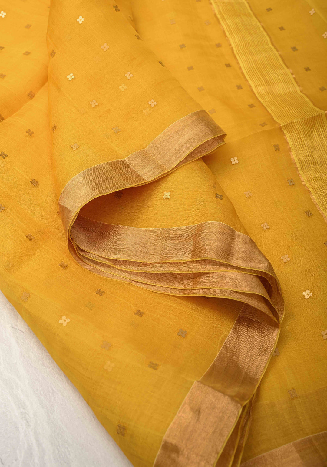 Yellow Matka Muslin Silk Saree with Pocket Sequins and Minimal Zari Border | SILK MARK CERTIFIED