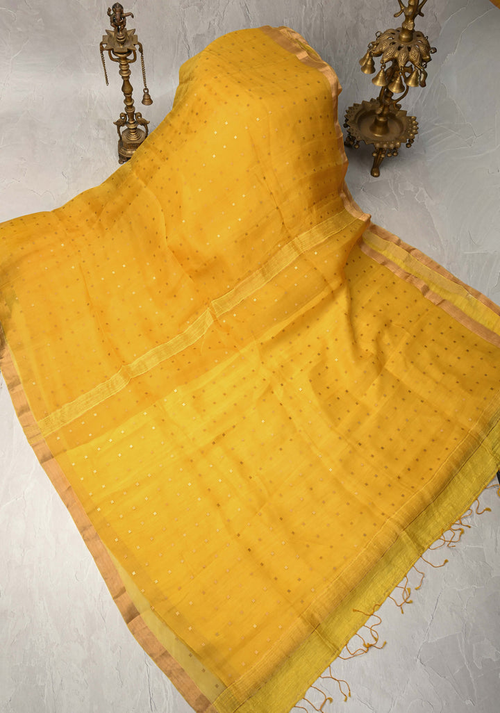 Yellow Matka Muslin Silk Saree with Pocket Sequins and Minimal Zari Border | SILK MARK CERTIFIED