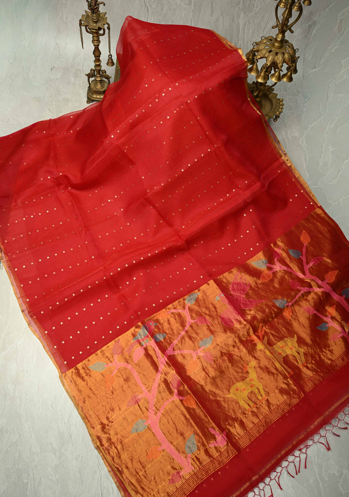 Red Matka Muslin Silk Saree with Pocket Sequins and Minimal Zari Border | SILK MARK CERTIFIED