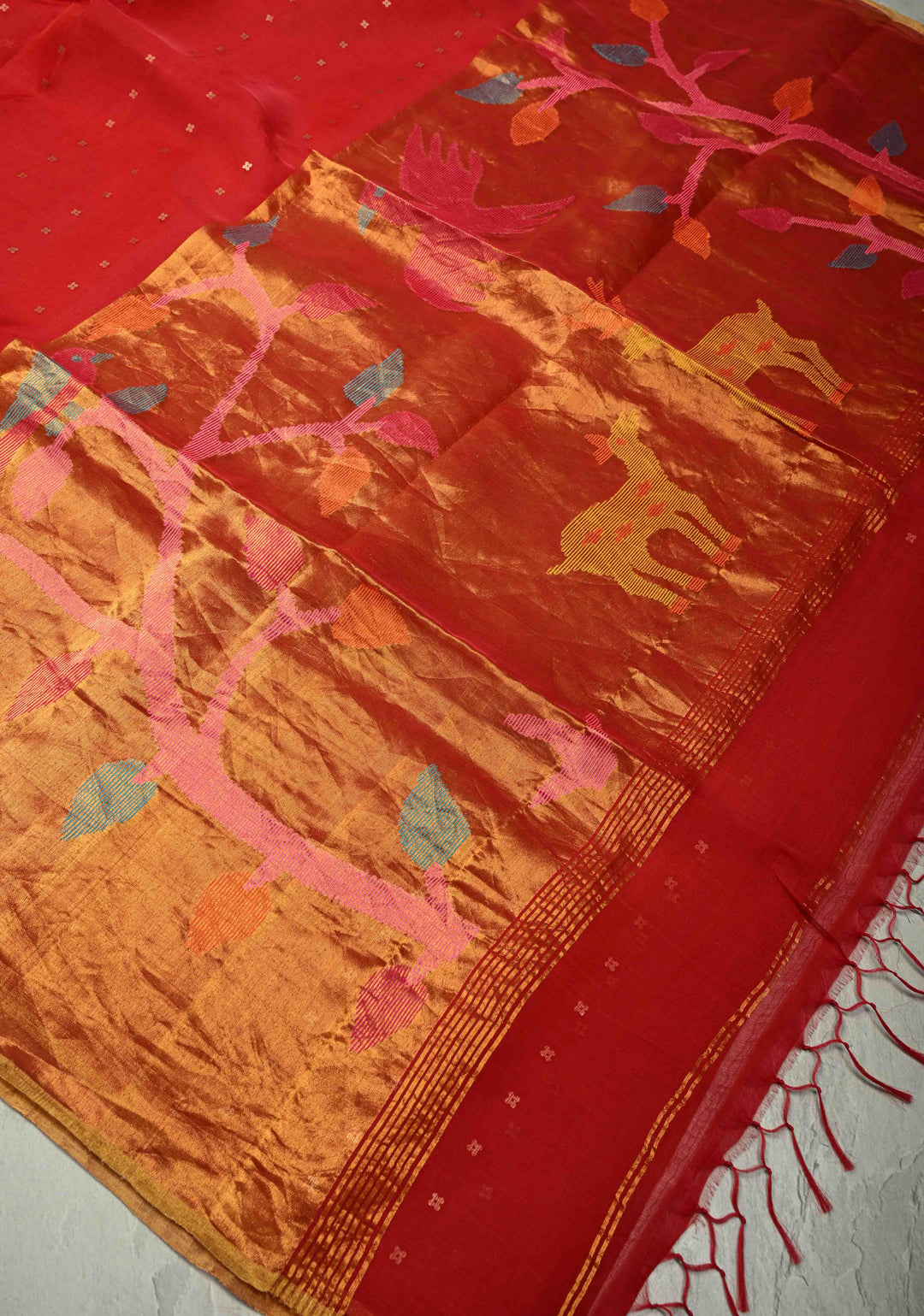 Red Matka Muslin Silk Saree with Pocket Sequins and Minimal Zari Border | SILK MARK CERTIFIED