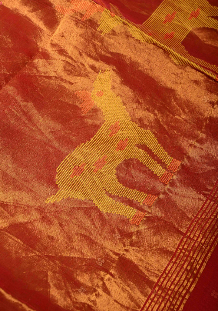 Red Matka Muslin Silk Saree with Pocket Sequins and Minimal Zari Border | SILK MARK CERTIFIED