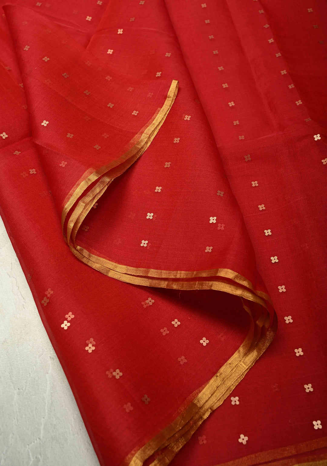 Red Matka Muslin Silk Saree with Pocket Sequins and Minimal Zari Border | SILK MARK CERTIFIED