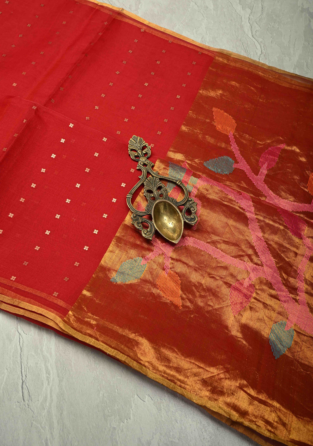 Red Matka Muslin Silk Saree with Pocket Sequins and Minimal Zari Border | SILK MARK CERTIFIED