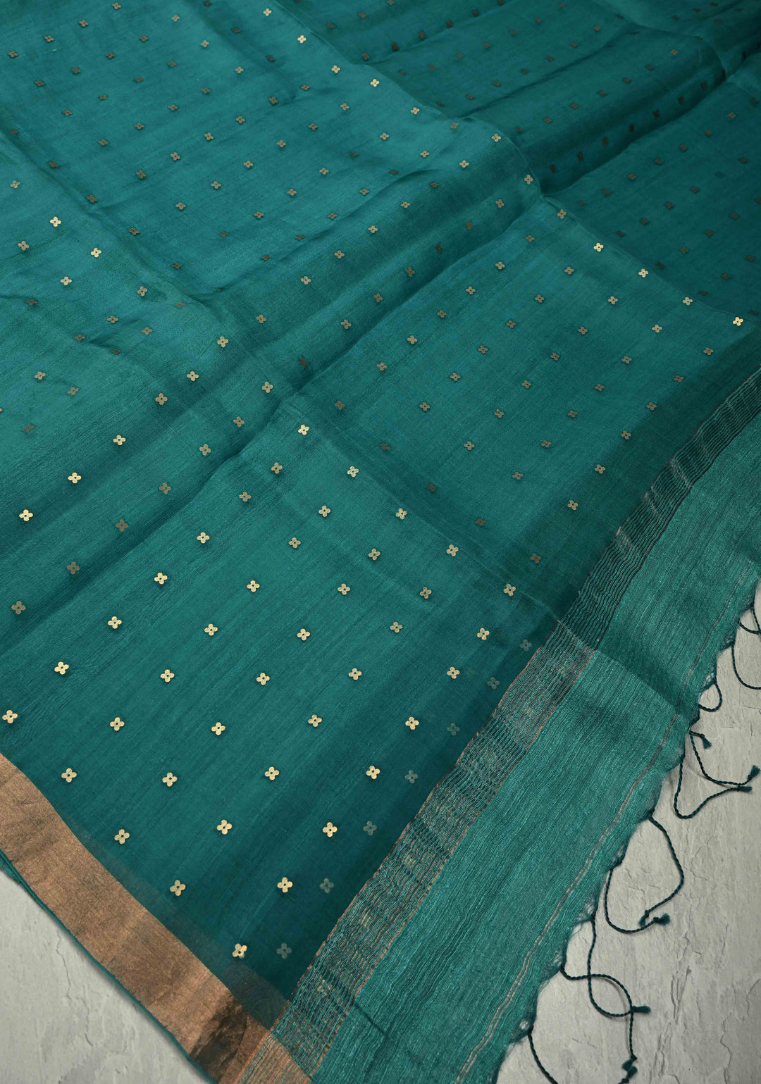 Teal Matka Muslin Silk Saree with Pocket Sequins and Minimal Zari Border | SILK MARK CERTIFIED
