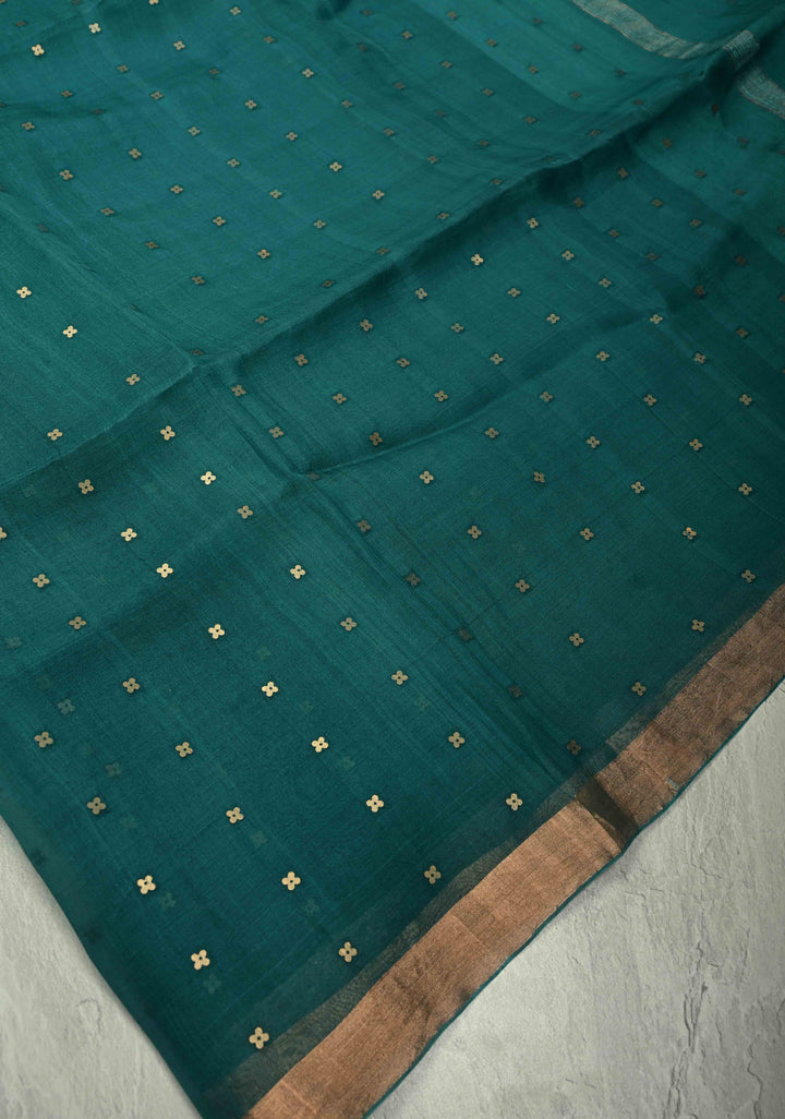 Teal Matka Muslin Silk Saree with Pocket Sequins and Minimal Zari Border | SILK MARK CERTIFIED