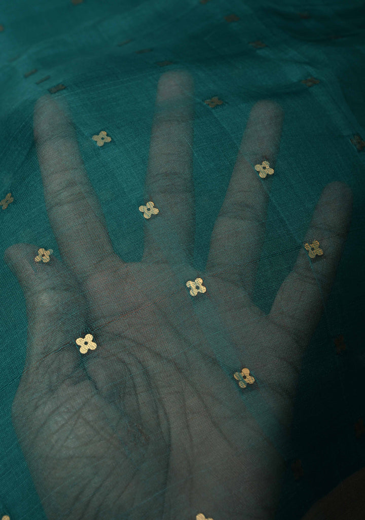 Teal Matka Muslin Silk Saree with Pocket Sequins and Minimal Zari Border | SILK MARK CERTIFIED