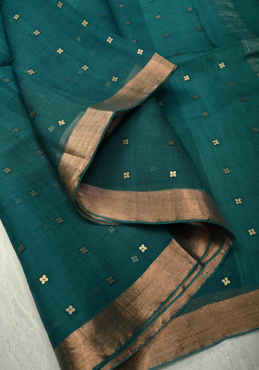 Teal Matka Muslin Silk Saree with Pocket Sequins and Minimal Zari Border | SILK MARK CERTIFIED