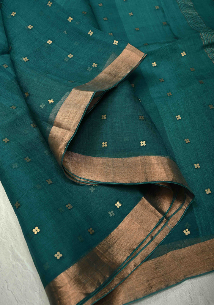 Teal Matka Muslin Silk Saree with Pocket Sequins and Minimal Zari Border | SILK MARK CERTIFIED