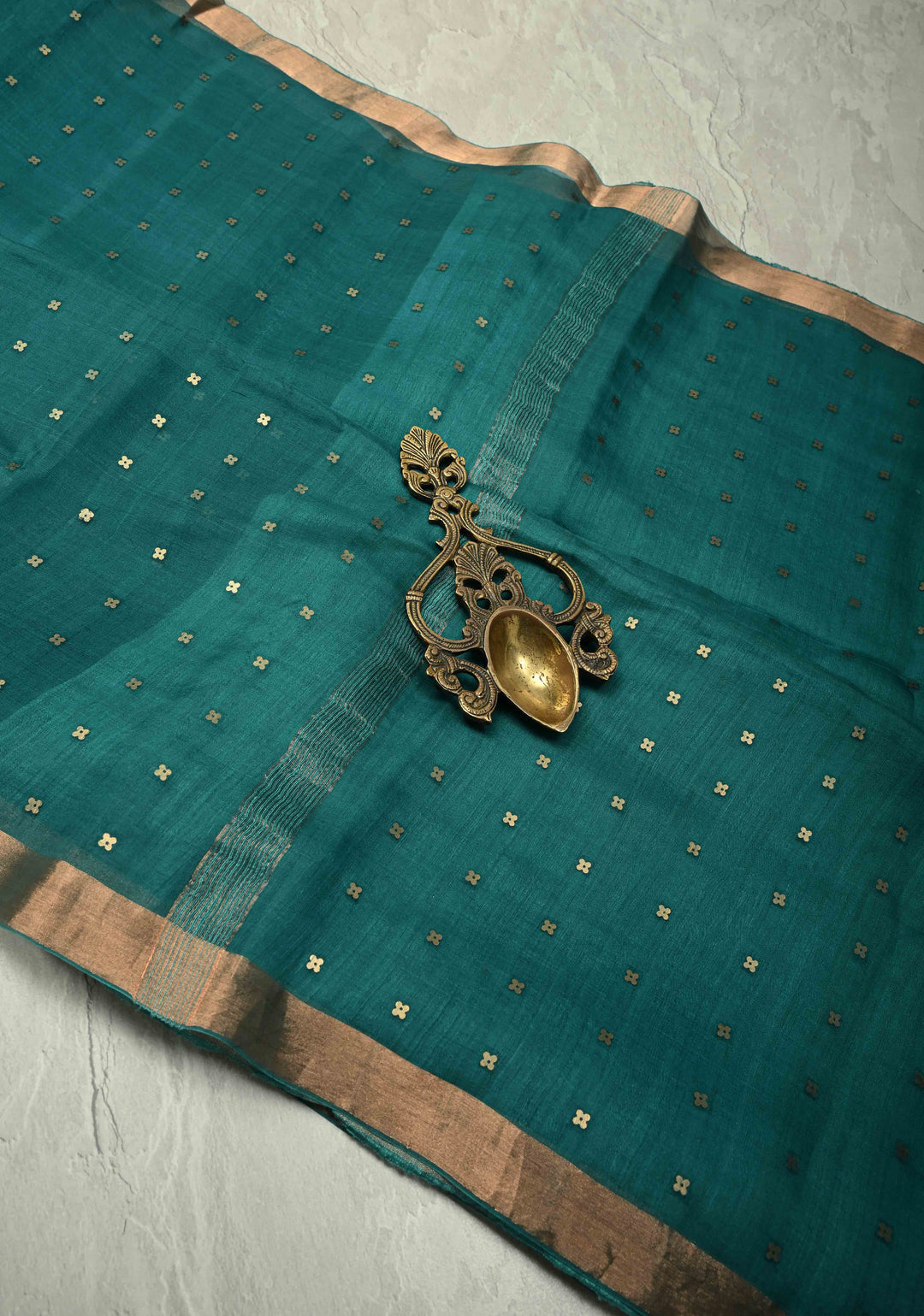 Teal Matka Muslin Silk Saree with Pocket Sequins and Minimal Zari Border | SILK MARK CERTIFIED