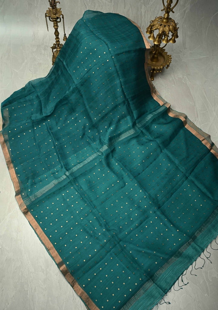 Teal Matka Muslin Silk Saree with Pocket Sequins and Minimal Zari Border | SILK MARK CERTIFIED