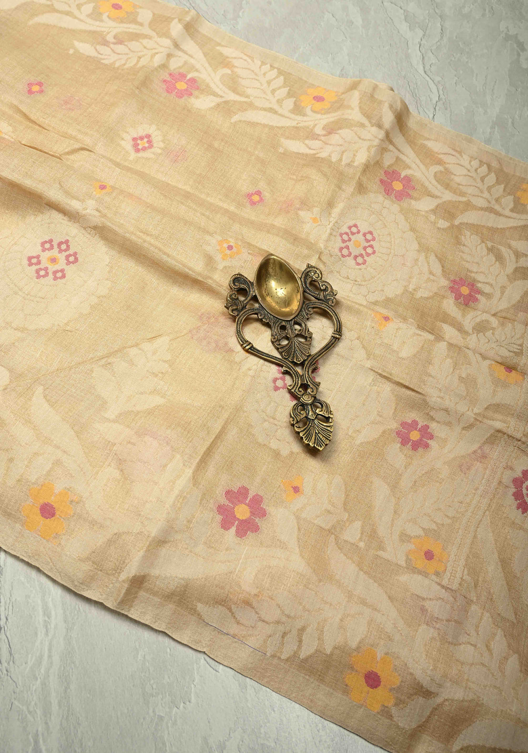Cream Meenakari Detailing on Tussar Silk Saree with Resham Buttas  | SILK MARK CERTIFIED