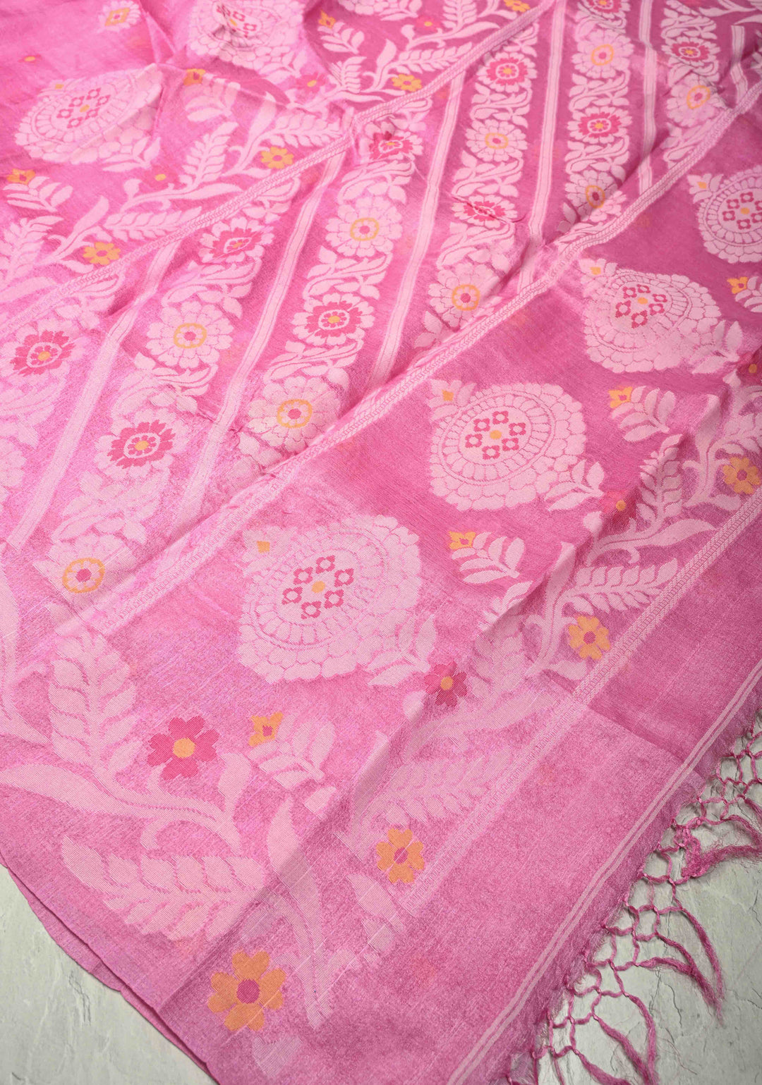 Rose Pink Meenakari Detailing on Tussar Silk Saree with Resham Buttas  | SILK MARK CERTIFIED