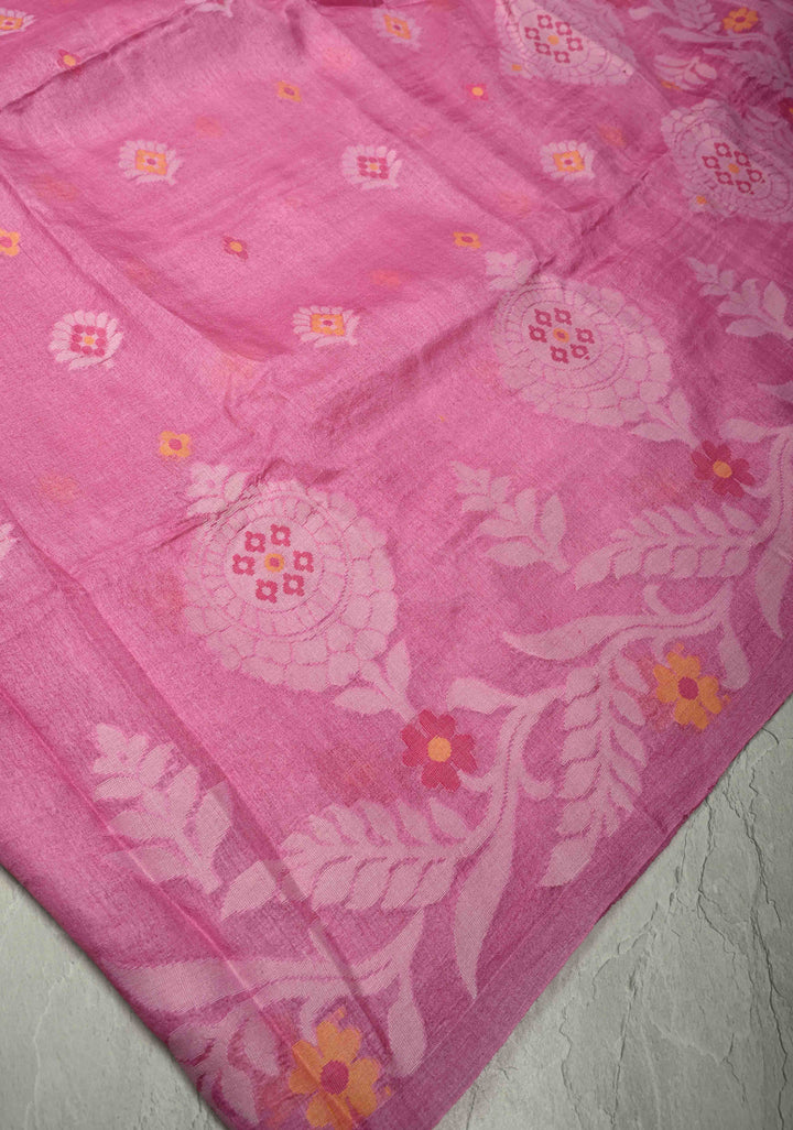 Rose Pink Meenakari Detailing on Tussar Silk Saree with Resham Buttas  | SILK MARK CERTIFIED