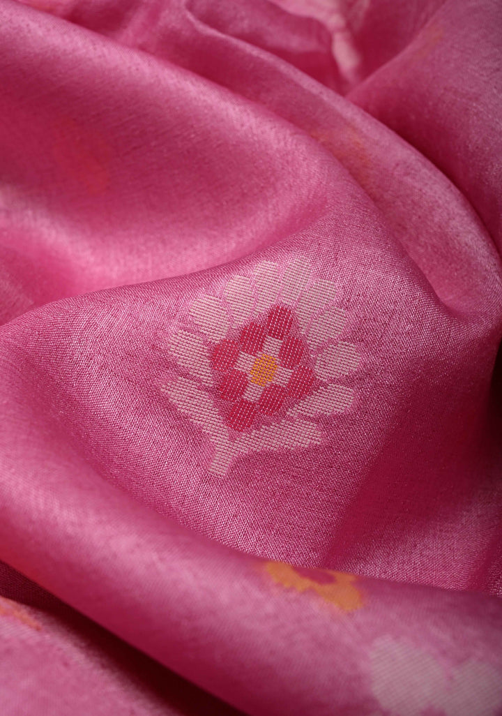 Rose Pink Meenakari Detailing on Tussar Silk Saree with Resham Buttas  | SILK MARK CERTIFIED