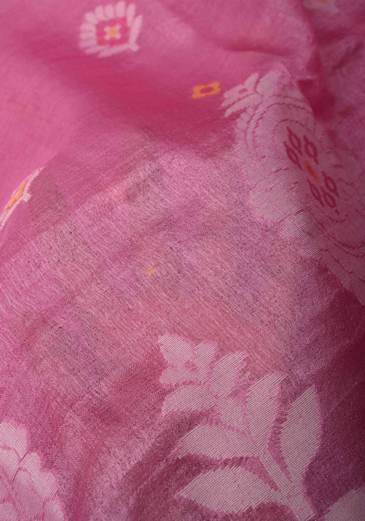 Rose Pink Meenakari Detailing on Tussar Silk Saree with Resham Buttas  | SILK MARK CERTIFIED