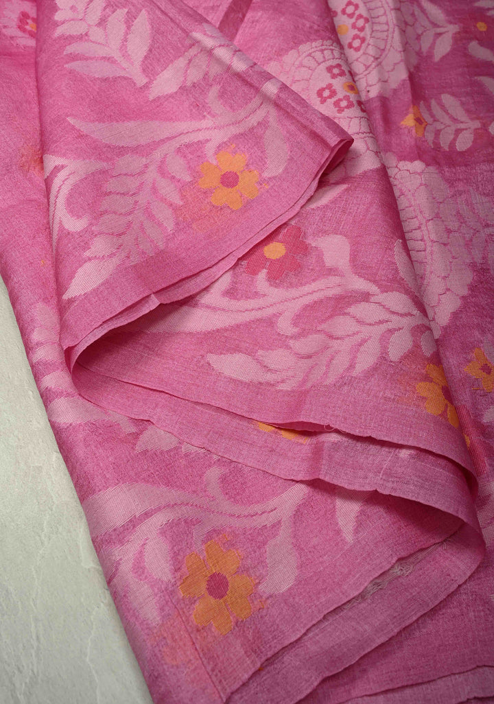 Rose Pink Meenakari Detailing on Tussar Silk Saree with Resham Buttas  | SILK MARK CERTIFIED