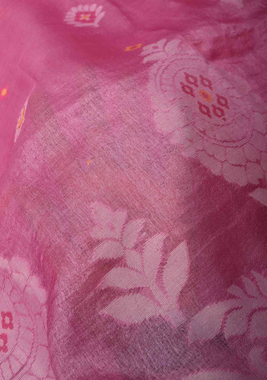 Rose Pink Meenakari Detailing on Tussar Silk Saree with Resham Buttas  | SILK MARK CERTIFIED