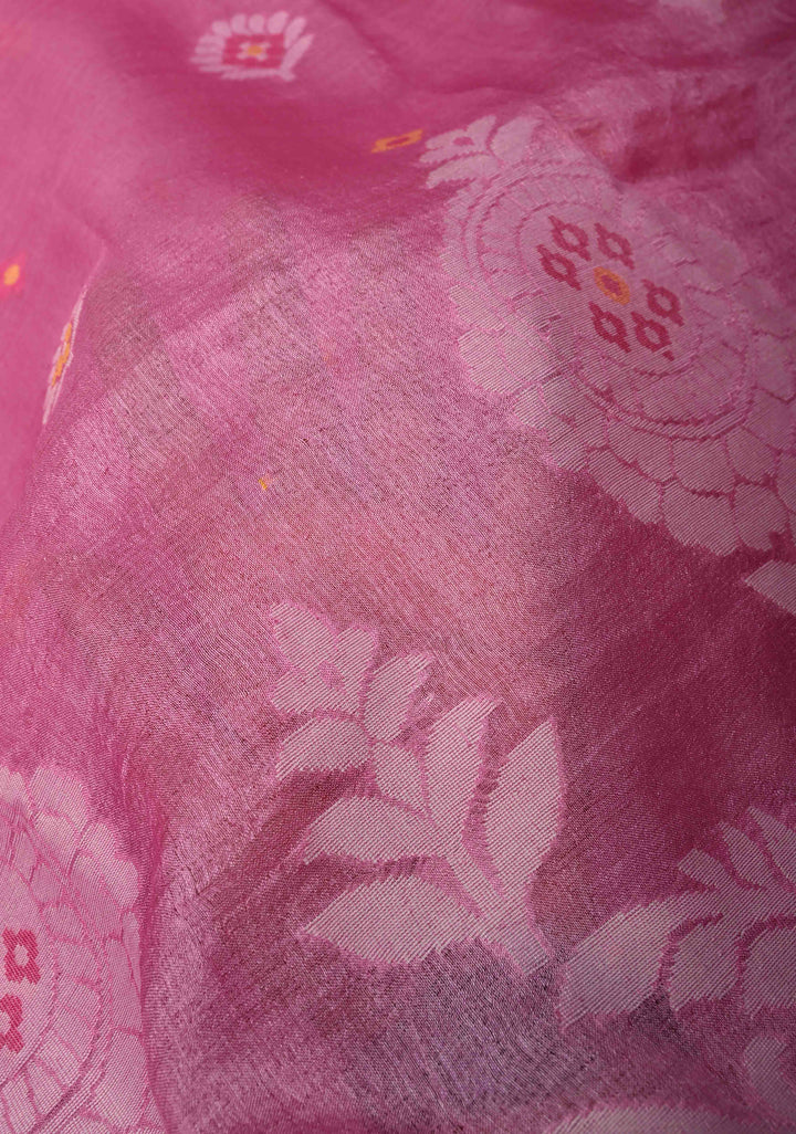 Rose Pink Meenakari Detailing on Tussar Silk Saree with Resham Buttas  | SILK MARK CERTIFIED