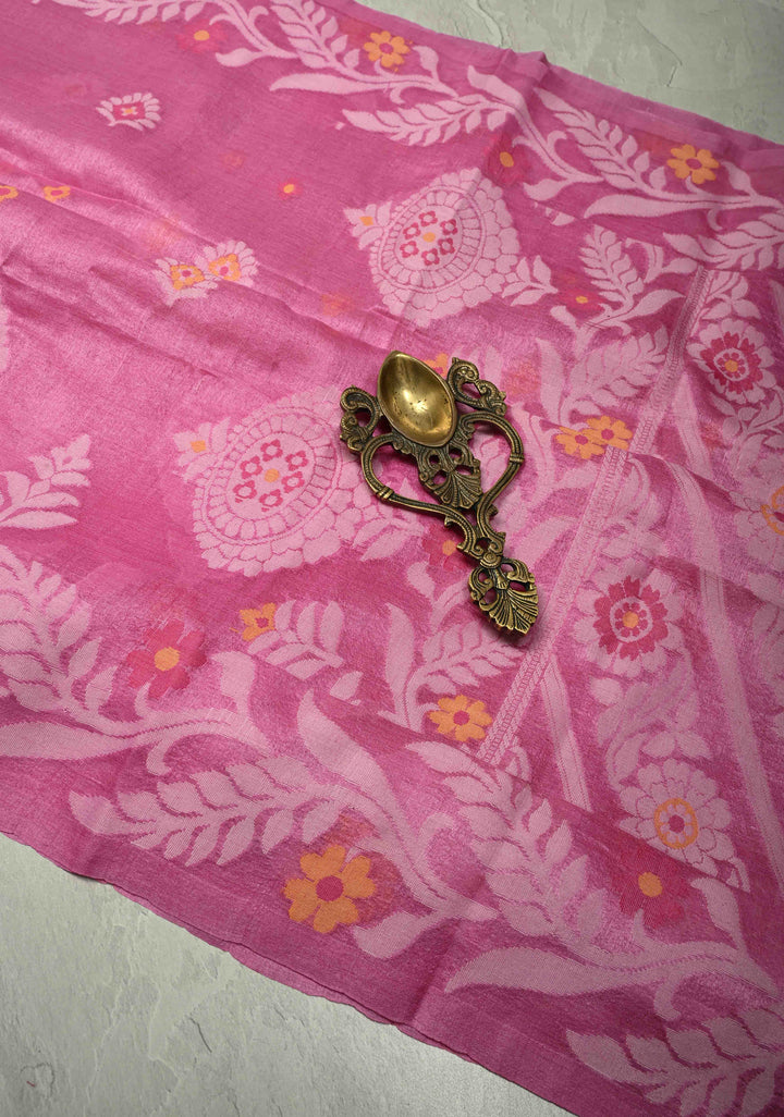 Rose Pink Meenakari Detailing on Tussar Silk Saree with Resham Buttas  | SILK MARK CERTIFIED