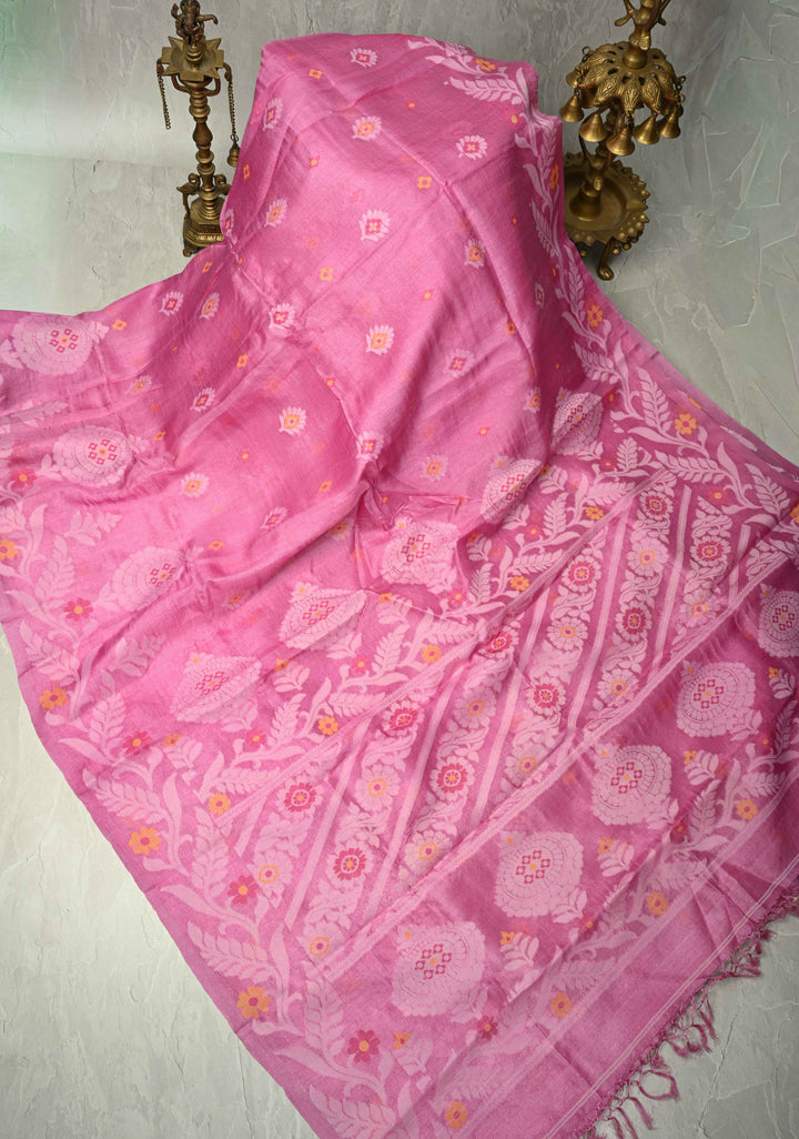 Rose Pink Meenakari Detailing on Tussar Silk Saree with Resham Buttas  | SILK MARK CERTIFIED