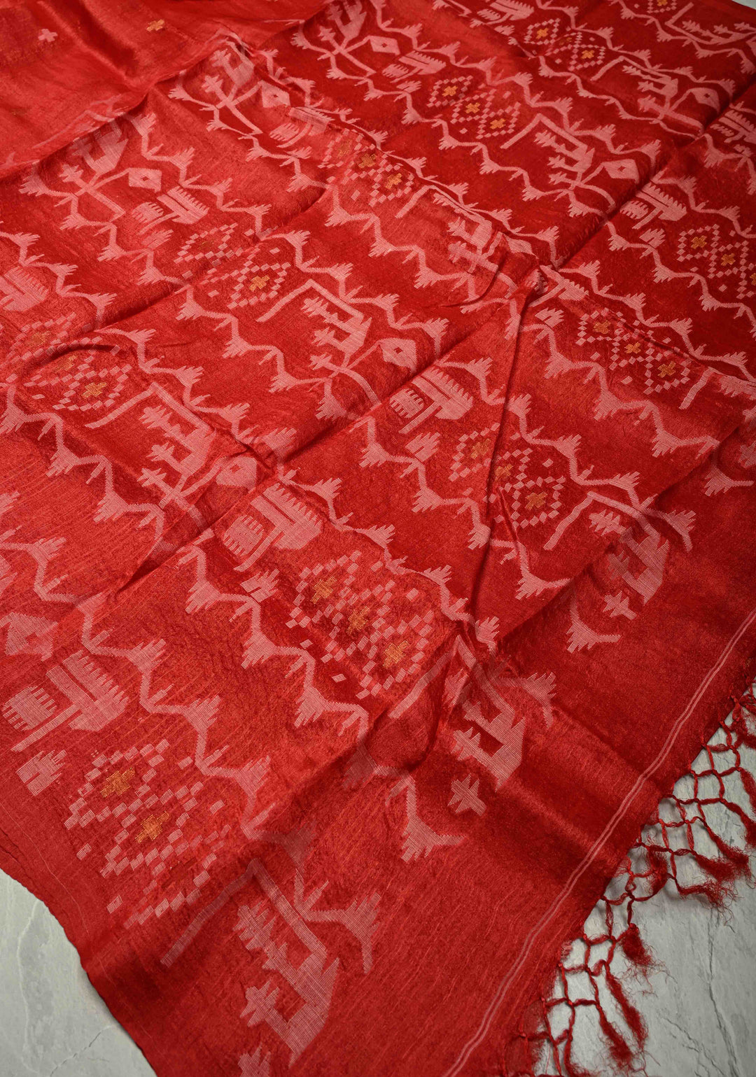 Red Resham- Zari Detailing on Tussar Silk Saree  | SILK MARK CERTIFIED