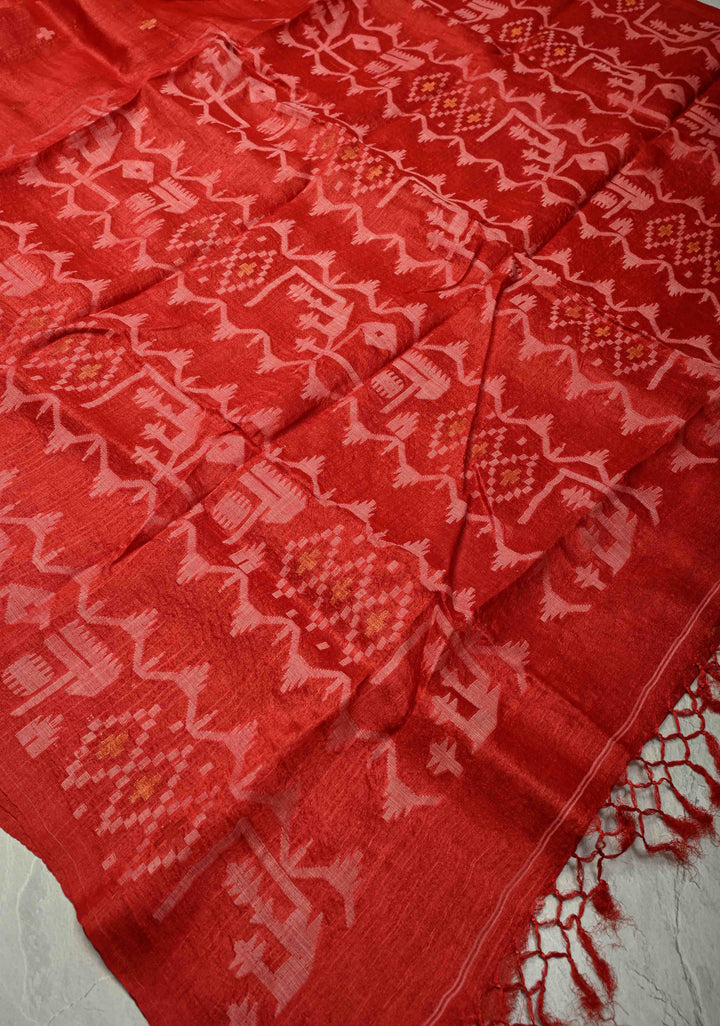 Red Resham- Zari Detailing on Tussar Silk Saree  | SILK MARK CERTIFIED
