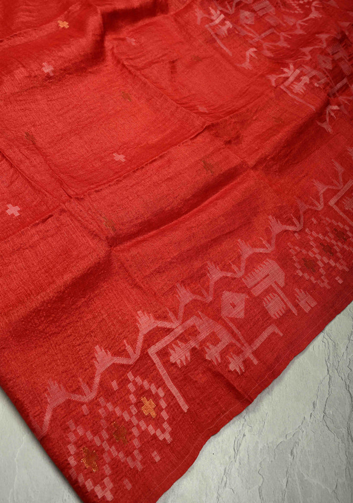 Red Resham- Zari Detailing on Tussar Silk Saree  | SILK MARK CERTIFIED