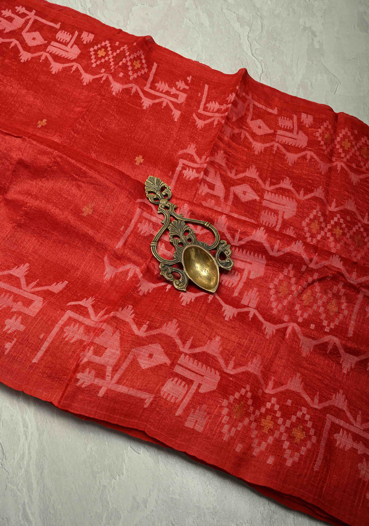 Red Resham- Zari Detailing on Tussar Silk Saree  | SILK MARK CERTIFIED