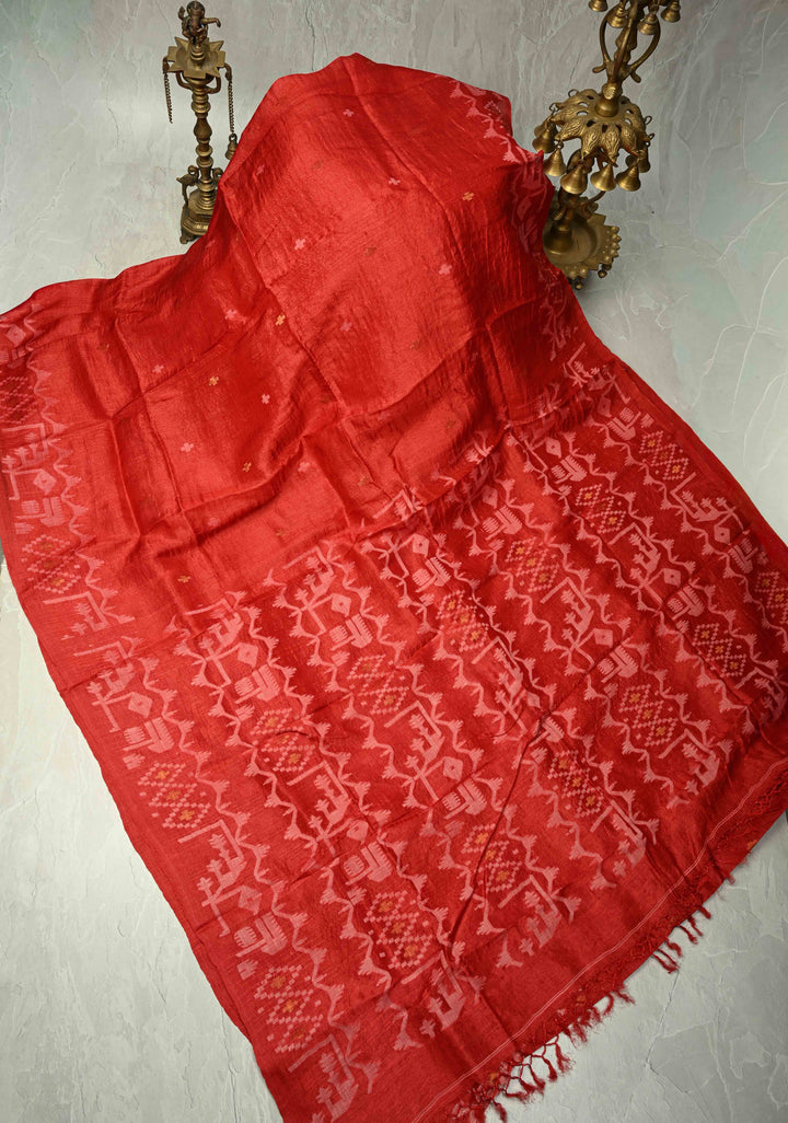 Red Resham- Zari Detailing on Tussar Silk Saree  | SILK MARK CERTIFIED