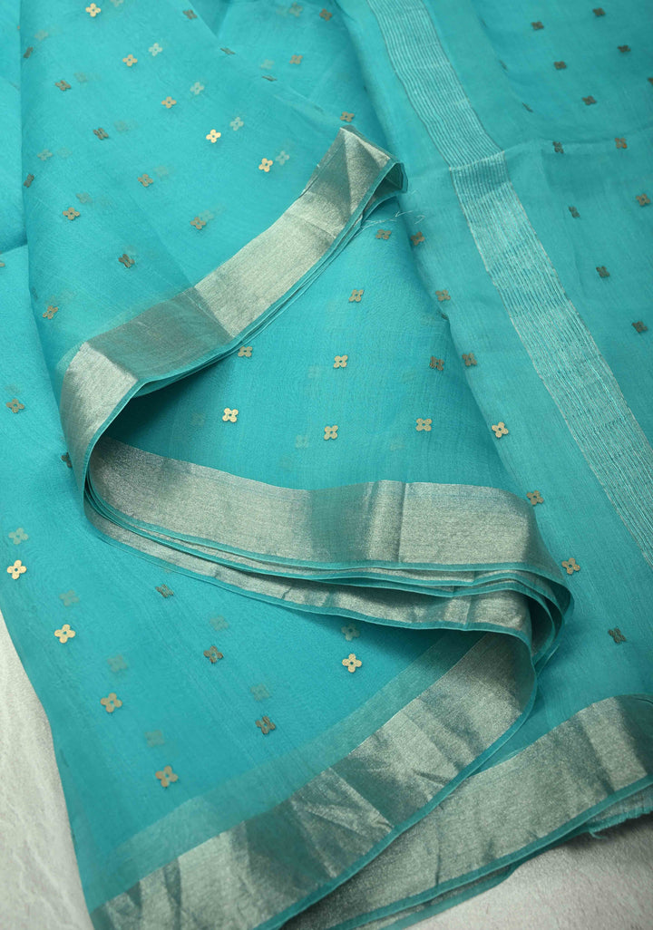 Aqua Matka Muslin Silk Saree with Pocket Sequins and Minimal Zari Border | SILK MARK CERTIFIED