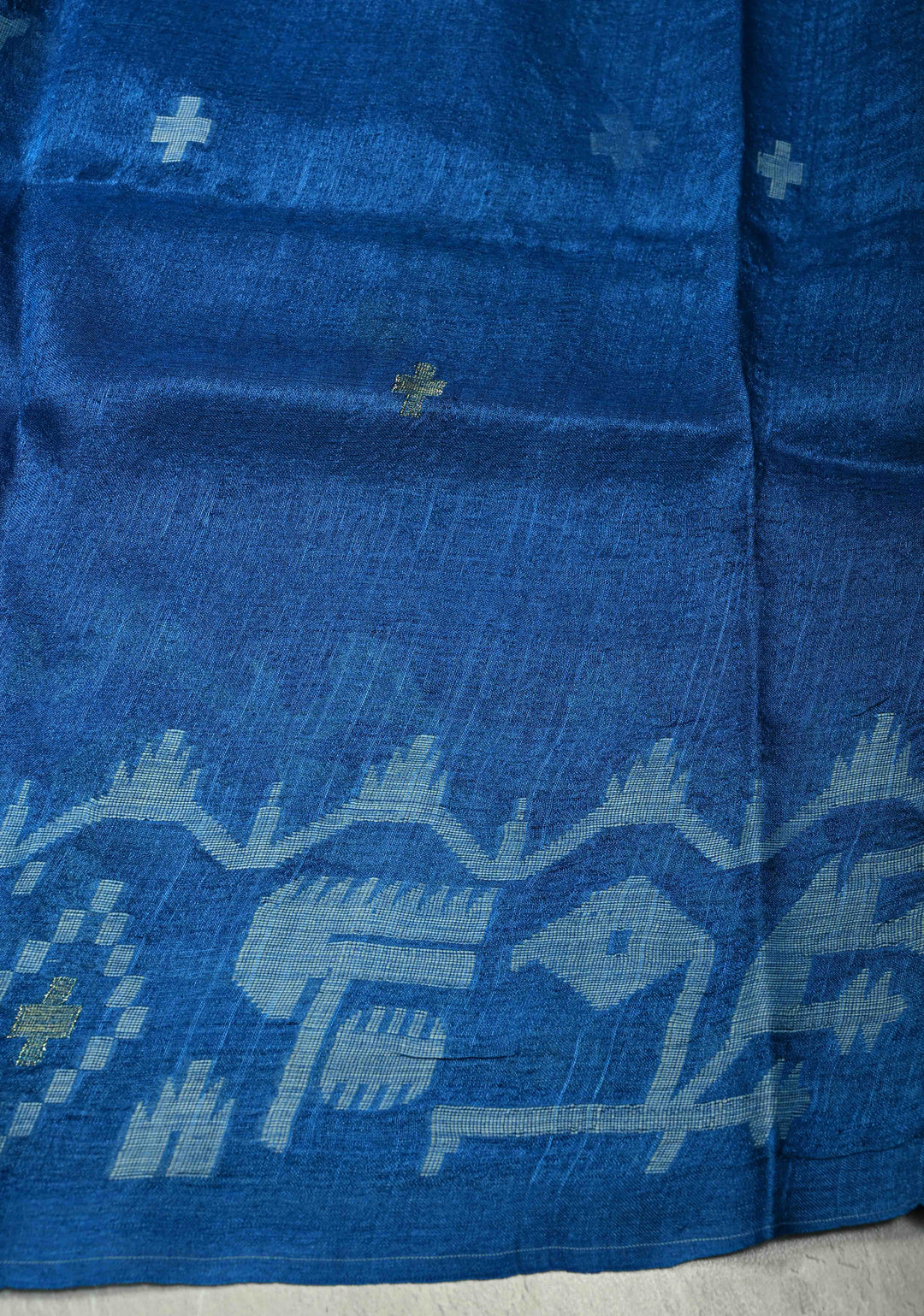 Peacock Blue Tussar Silk Saree with Meenakari Resham Buttas Detailing  | SILK MARK CERTIFIED