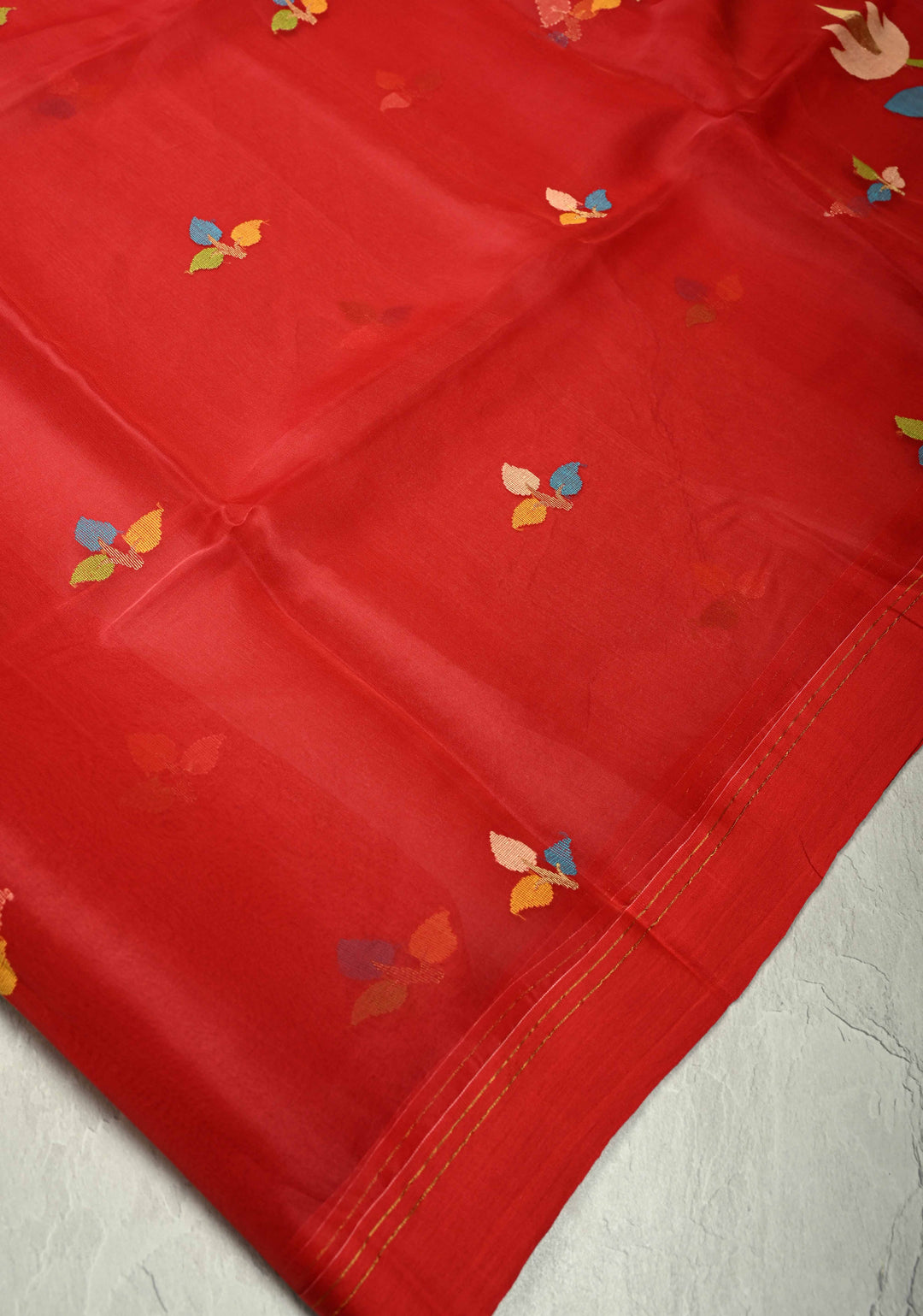 Deep Red Meenakari Design on Muslin Silk Saree with Resham Jamdani Weaving | SILK MARK CERTIFIED