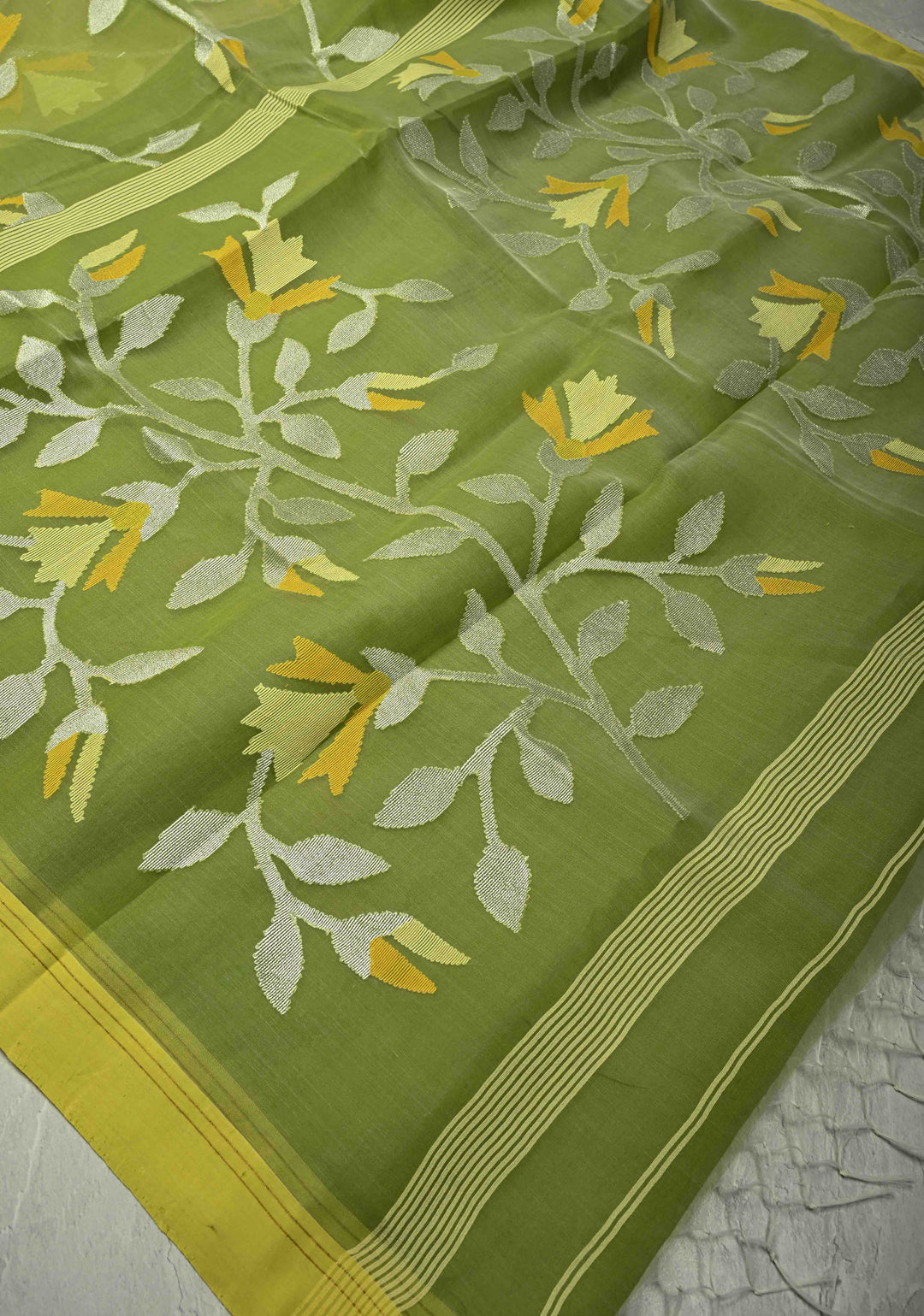 Pista Green Silk Muslin Saree with Resham Jamdani Weaving  | SILK MARK CERTIFIED
