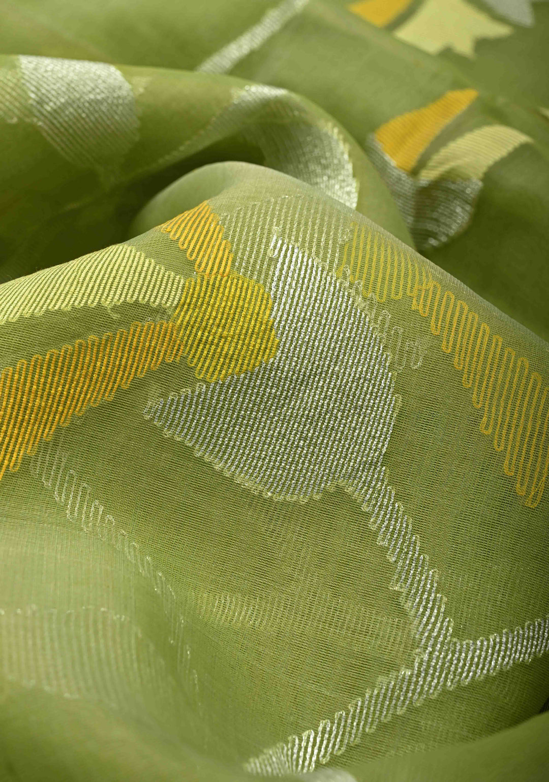 Pista Green Silk Muslin Saree with Resham Jamdani Weaving  | SILK MARK CERTIFIED