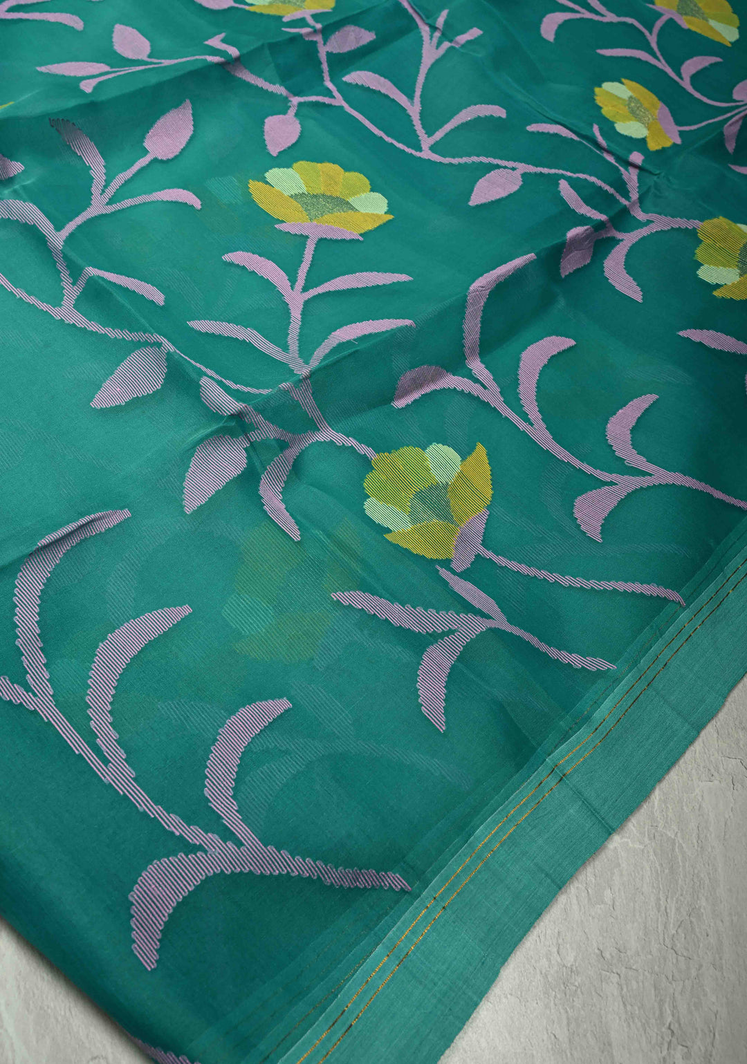 Rama Green Meenakari Design on Silk Muslin Saree with Resham Jamdani Weaving and Border-Pallu | SILK MARK CERTIFIED