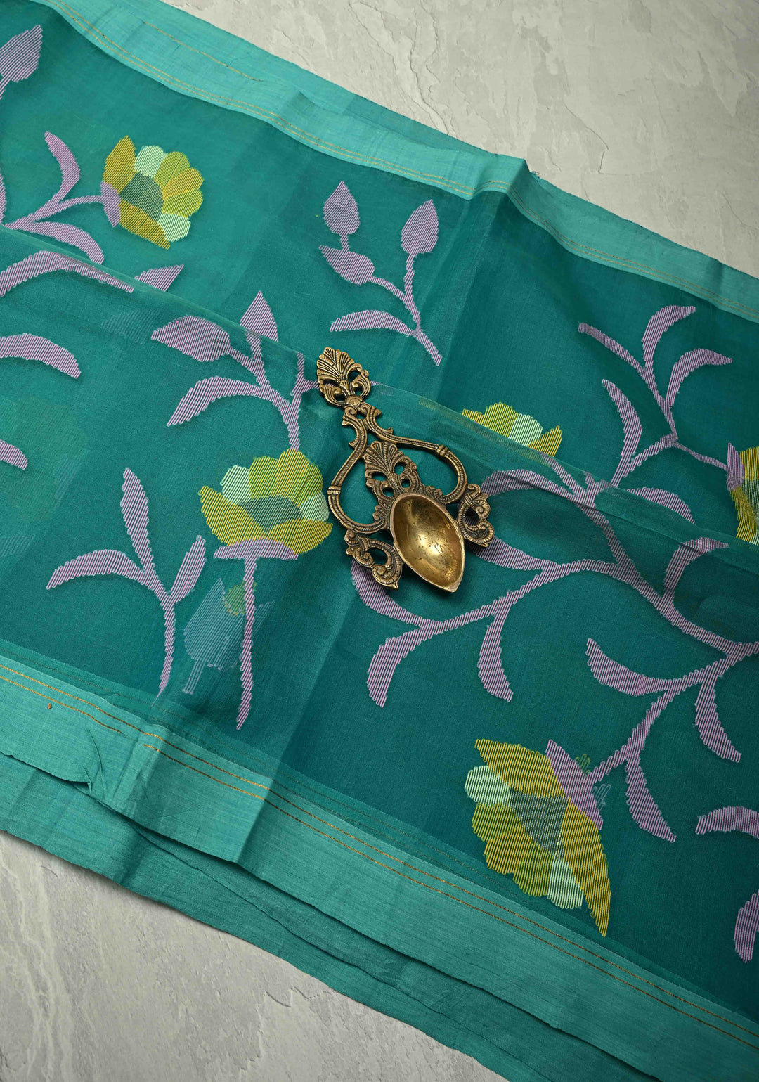 Rama Green Meenakari Design on Silk Muslin Saree with Resham Jamdani Weaving and Border-Pallu | SILK MARK CERTIFIED