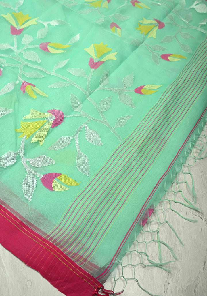 Mint Green Silk Muslin Saree with Resham Jamdani Weaving and Contrast Border | SILK MARK CERTIFIED