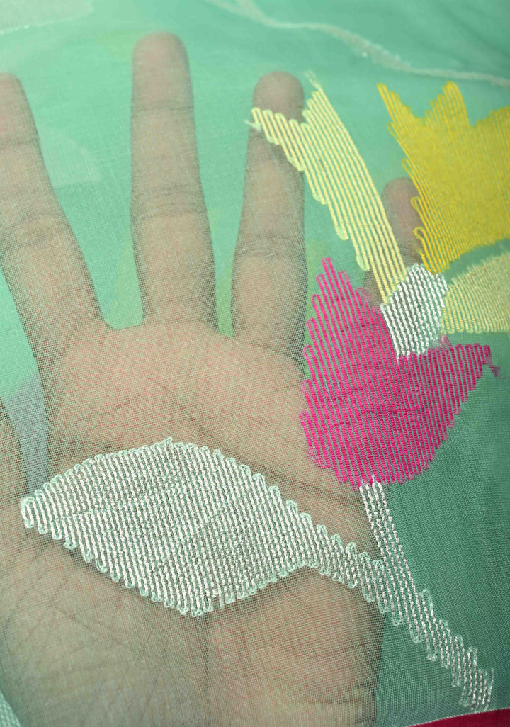 Mint Green Silk Muslin Saree with Resham Jamdani Weaving and Contrast Border | SILK MARK CERTIFIED