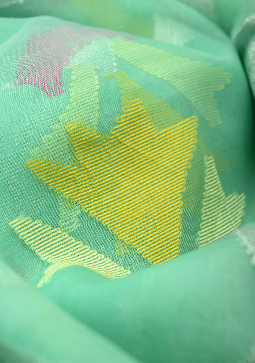 Mint Green Silk Muslin Saree with Resham Jamdani Weaving and Contrast Border | SILK MARK CERTIFIED