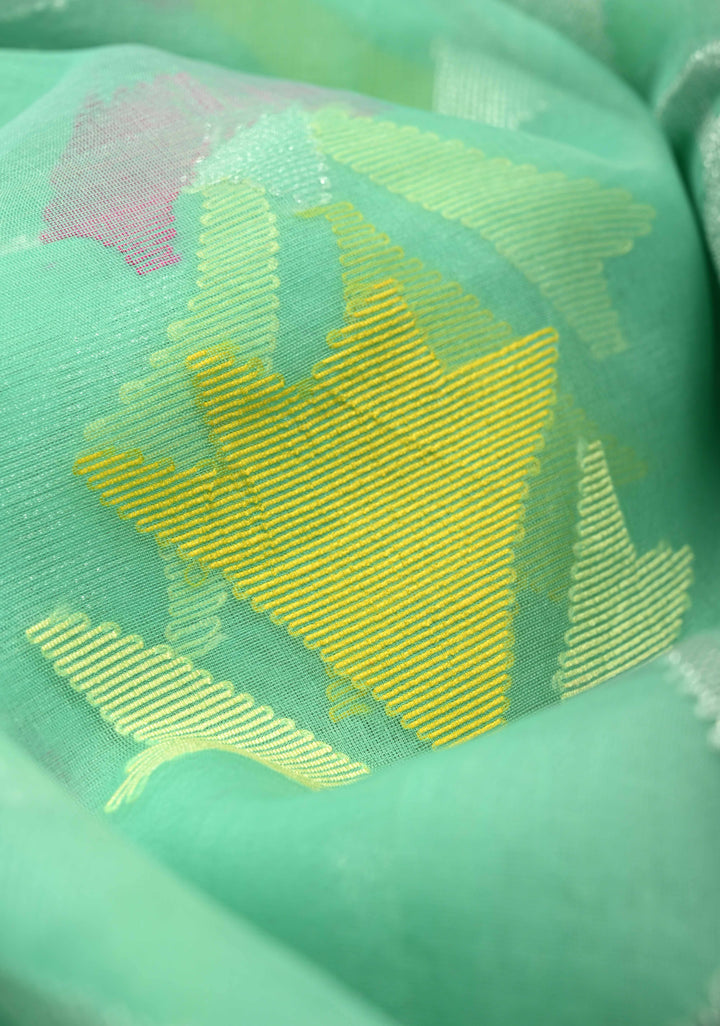 Mint Green Silk Muslin Saree with Resham Jamdani Weaving and Contrast Border | SILK MARK CERTIFIED