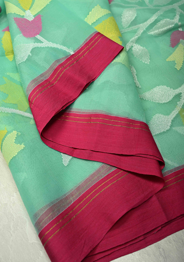 Mint Green Silk Muslin Saree with Resham Jamdani Weaving and Contrast Border | SILK MARK CERTIFIED