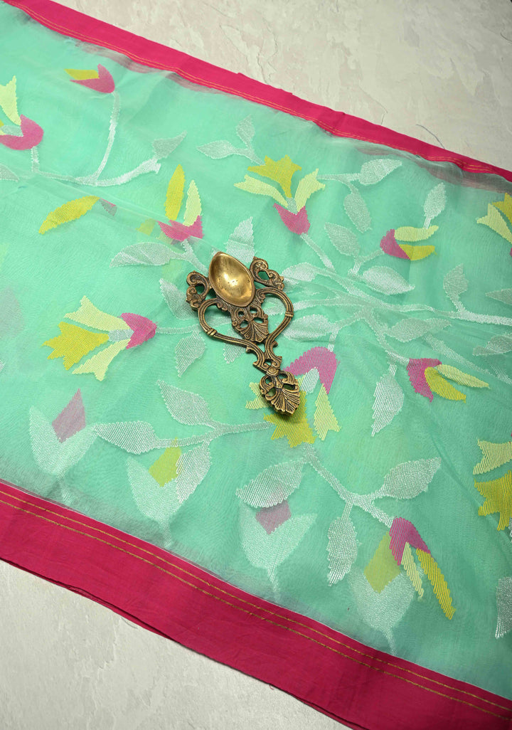 Mint Green Silk Muslin Saree with Resham Jamdani Weaving and Contrast Border | SILK MARK CERTIFIED