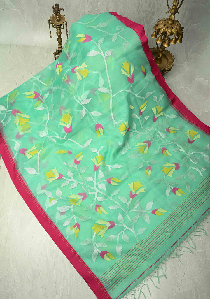 Mint Green Silk Muslin Saree with Resham Jamdani Weaving and Contrast Border | SILK MARK CERTIFIED