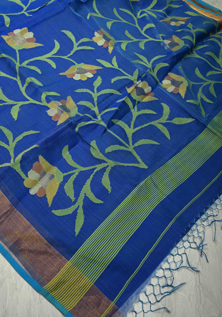 Sapphire Blue Meenakari Design on Muslin Silk Saree with Resham Jamdani Weaving and Zari Border-Pallu | SILK MARK CERTIFIED