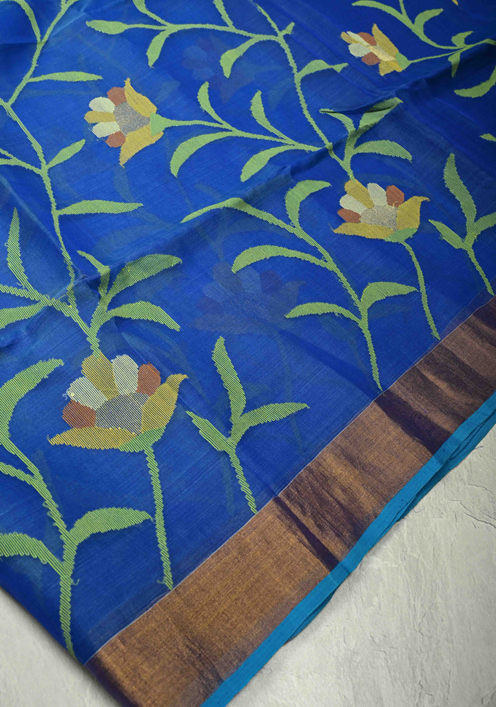 Sapphire Blue Meenakari Design on Muslin Silk Saree with Resham Jamdani Weaving and Zari Border-Pallu | SILK MARK CERTIFIED