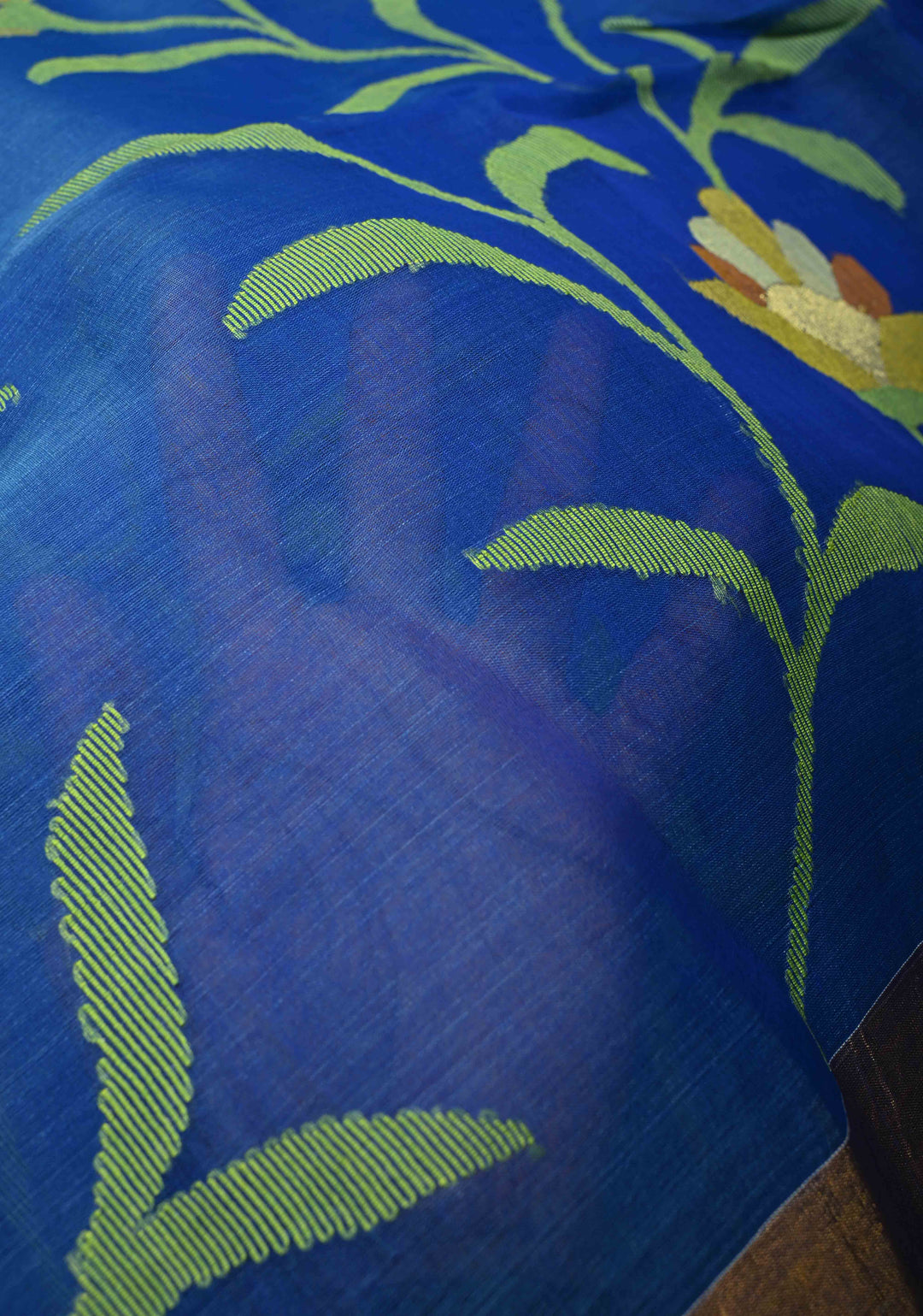 Sapphire Blue Meenakari Design on Muslin Silk Saree with Resham Jamdani Weaving and Zari Border-Pallu | SILK MARK CERTIFIED